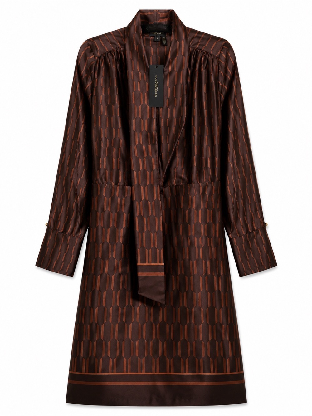Donna Karan New York Brown Geometric Satin Dress Tie Neck Long Sleeve NWT 12